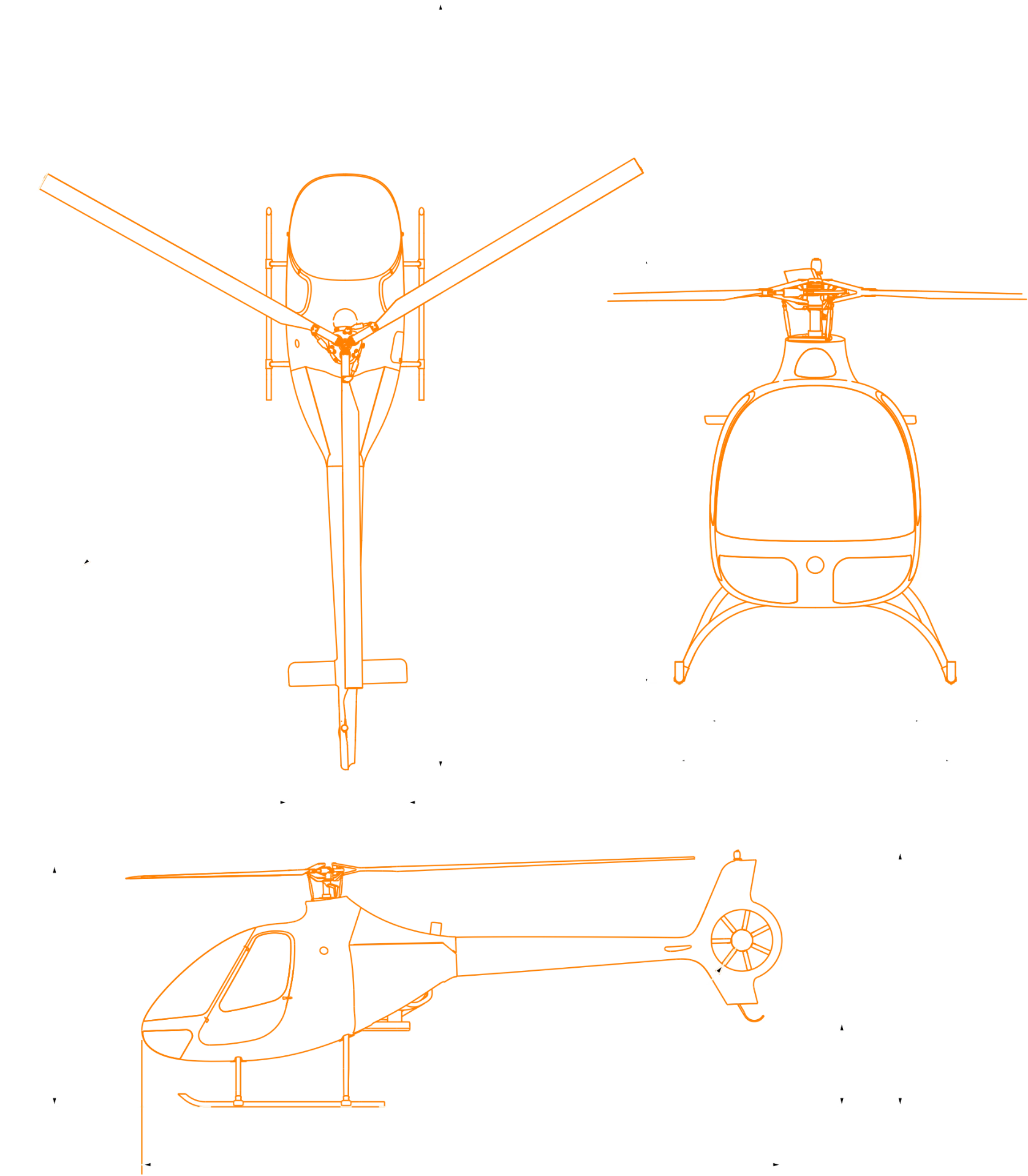 Three-view drawing of the Guimbal Cabri G2 helicopter with dimensions